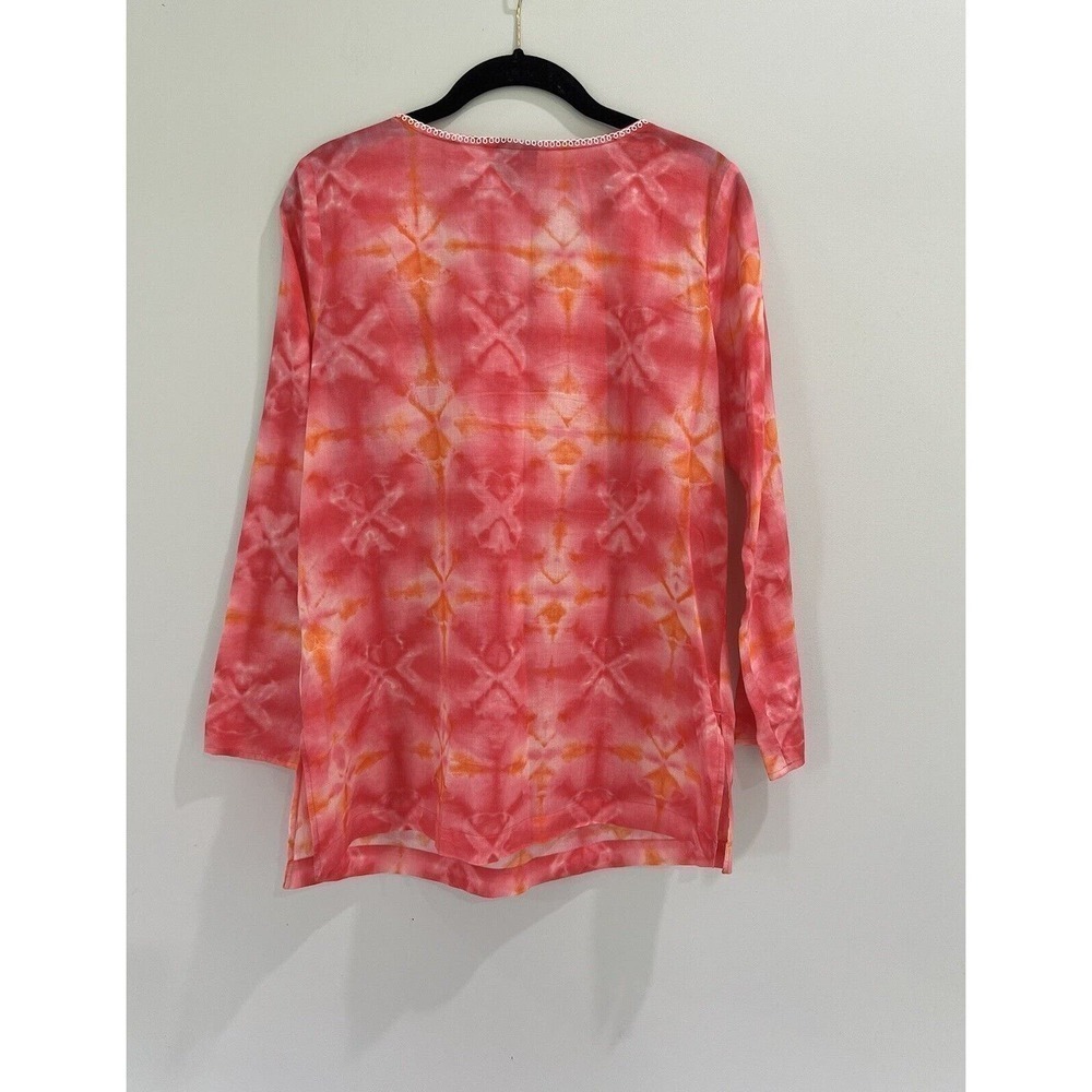 J. Jill Tie Dye Beaded Embroidered Long Sleeve Tunic‎ Blouse Pink Size X Small - Picture 2 of 4